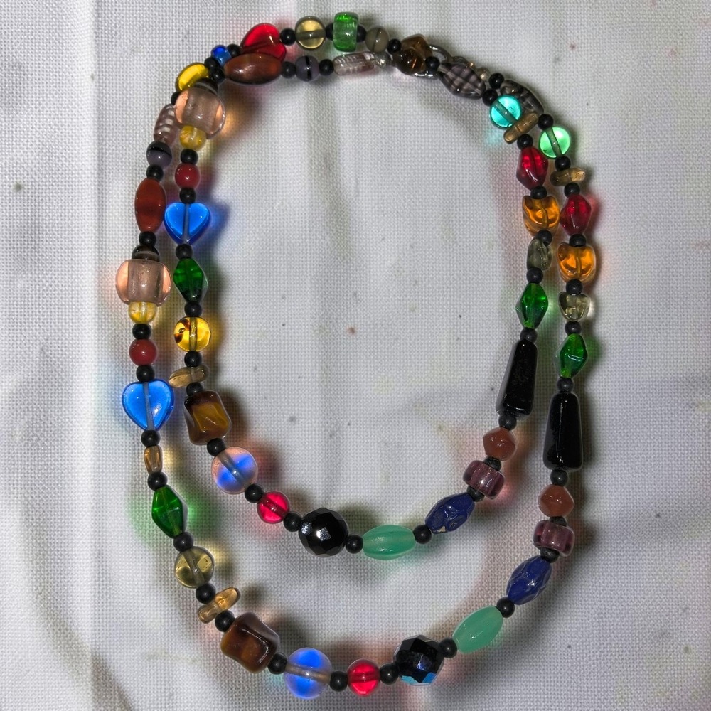 Vintage Multicolor Mixed Art Glass Bead Necklace 29in Harlequin Long Strand - Picture 3 of 15